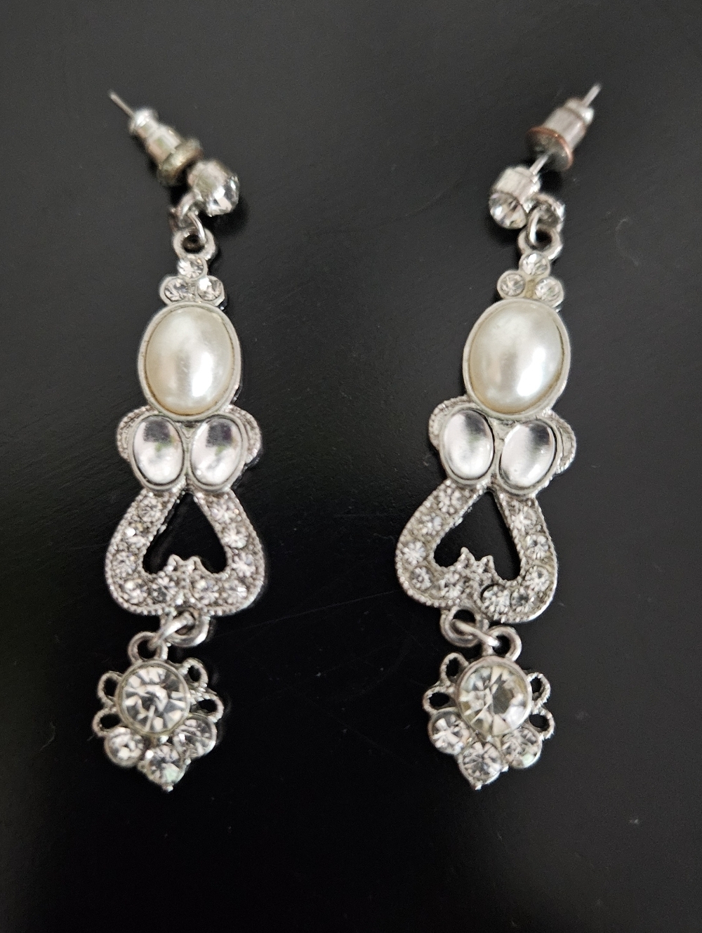 Vintage Look Pearl and Crystal Drop Earrings - Silver, NWT